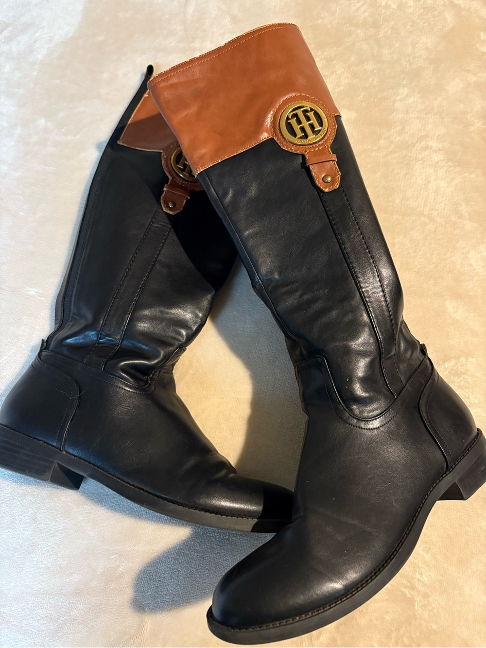 Tommy Hilfiger Black and Brown Leather Riding Boots with Gold Logo